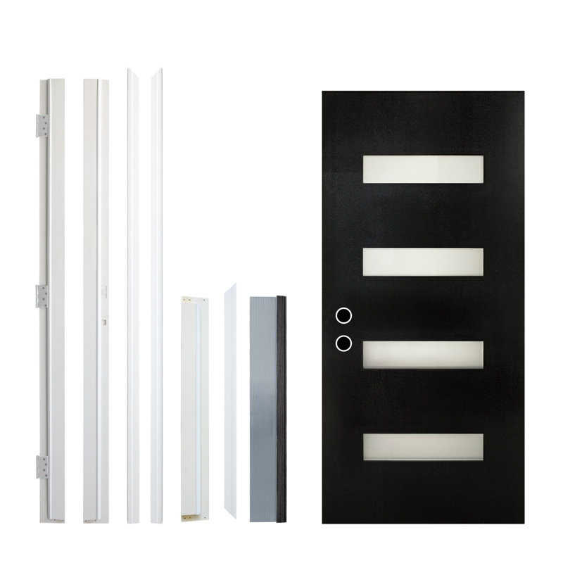 Porte extérieure contemporaine en fibre de verre noire avec verre givré pour la maison