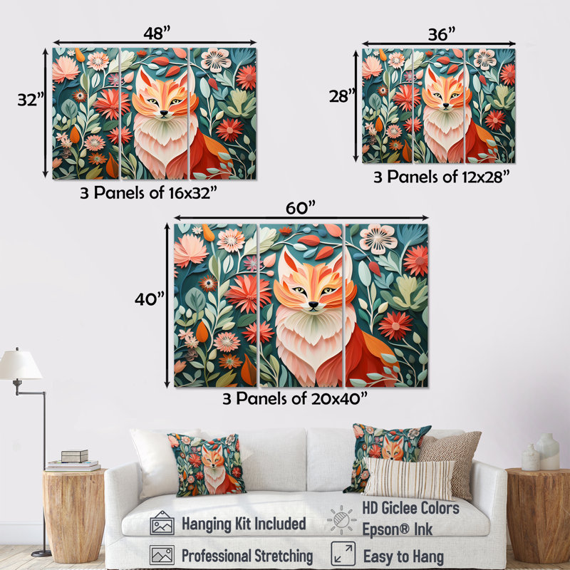 Art mural orange et renard orange dans le style Mattie II - Renard, Toile tendue, H 28 po x l 36 po