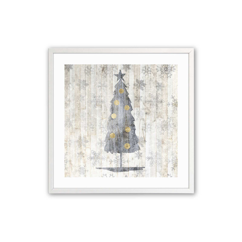 Impression d'arbre de Noël rustique argenté, Cadre simple blanc opaque, H 13,5 po x l 13,5 po x P 1,25 po