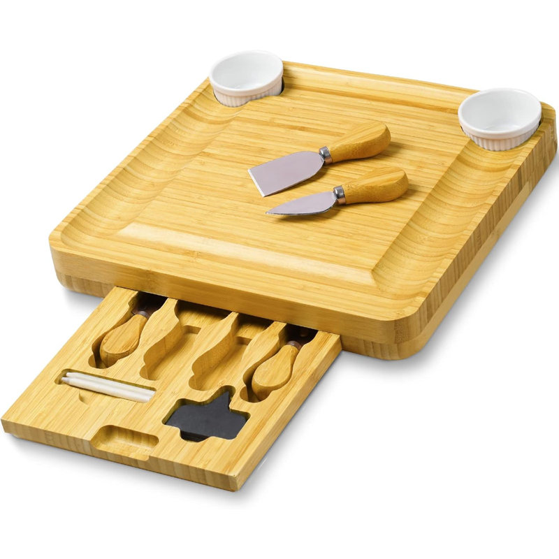 Bamboo Cheese Board Set with Hidden Knife Tray, Soapstone Chalk, and Serving Moat
