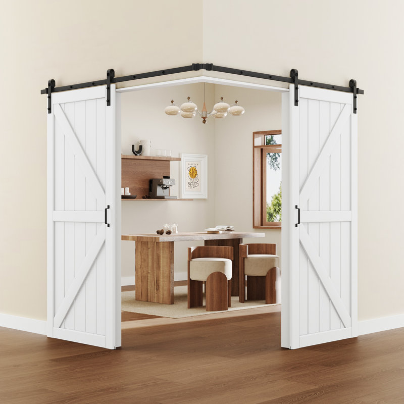 Ensemble de quincaillerie pour porte de grange double en bois de sapin noueux brut de 84 po de hauteur, design en forme de K et de X, porte coulissante en bois massif, deux ensembles de fermeture amortie
