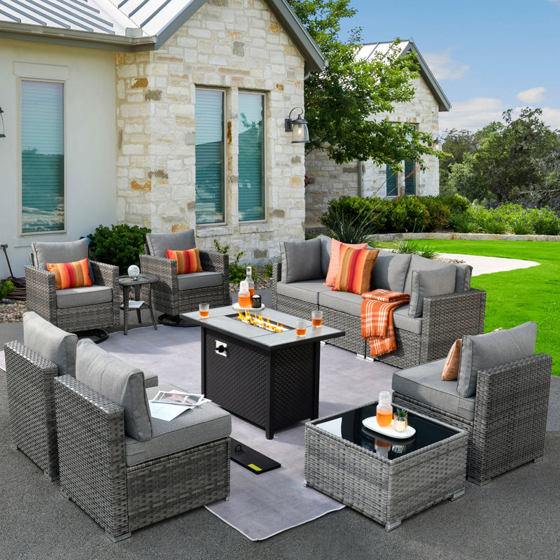 Chappotin Wicker 9 - Person Modular Patio Conversation Sets with Cushions, Gray