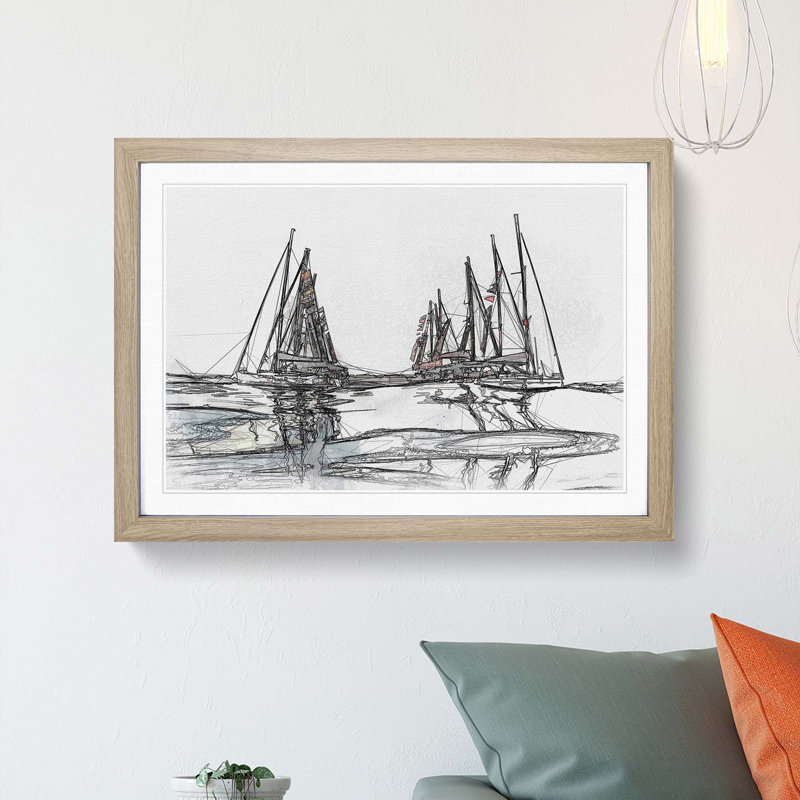 Boats in Majorca in Abstract - Picture Frame Drawing Print, 36cm H x 48cm W x 2cm D, Oak Framed