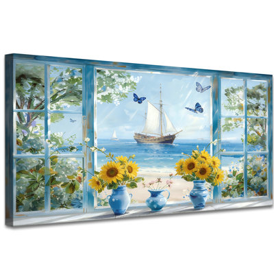 «Coastal Window View», reproduction d'art sur toile panoramique 2: 1 avec scène de voilier, fenêtre bleue, tournesols et papillons pour le décor de chambre à coucher 24 po x 48 po