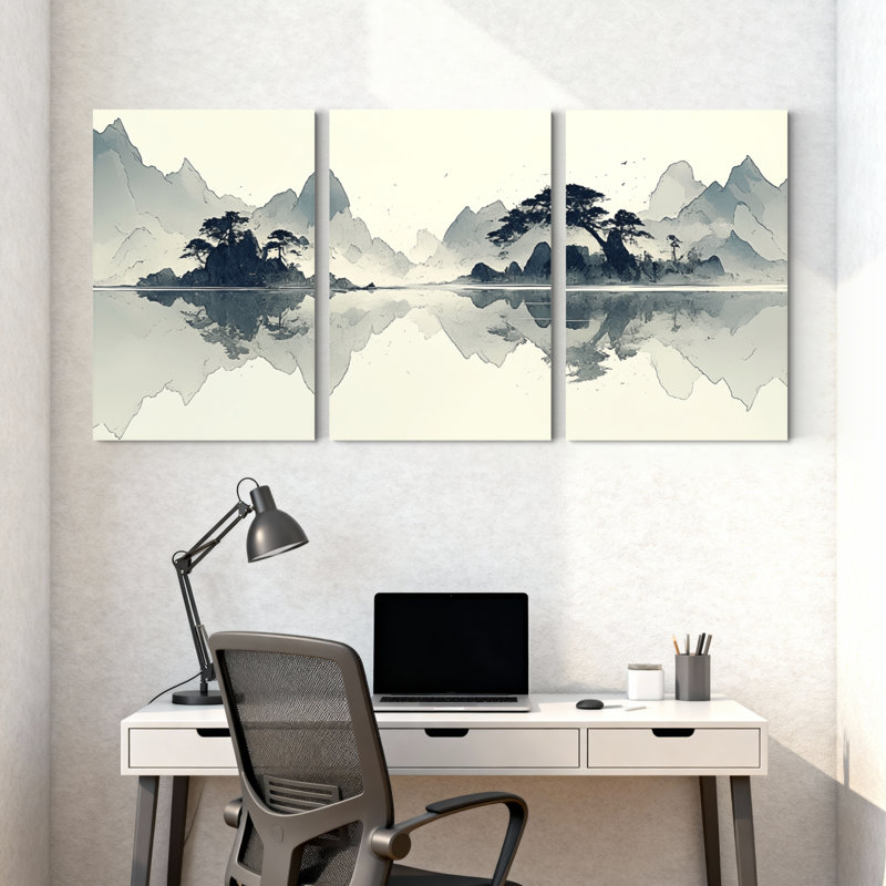 Paysage et nature montagne lac réflexion arbres ciel eau paysage ensemble de 3 impressions d'art sur toile, H 24 po x l 48 po