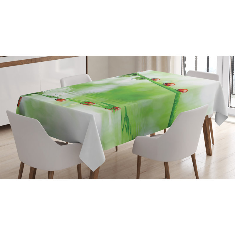 Ladybugs Tablecloth, Ladybugs On A Stem Over The Water Striped Animals Fresh Environmental Life Image, Rectangular Table Cover For Dining Room Kitchen Decor, 52" X 70", Red Green