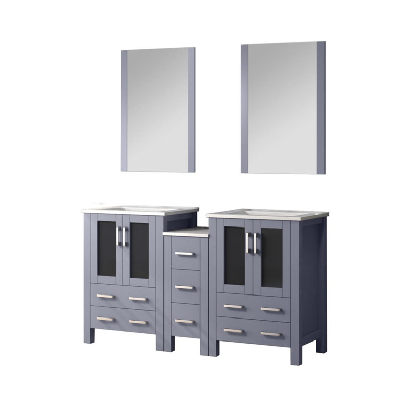 Meuble-lavabo double gris foncé 60 po X P 18,25 po D, avec armoire latérale, plateau en céramique blanche et Miroirs