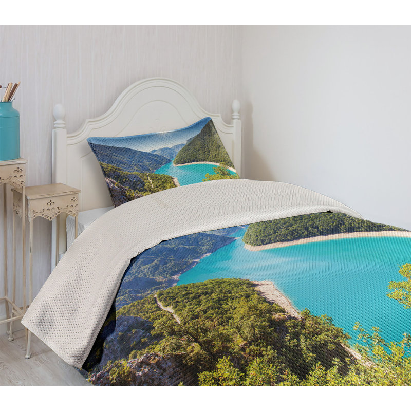 King Size Forest Green and Sky Blue Quilted Bedspread Set