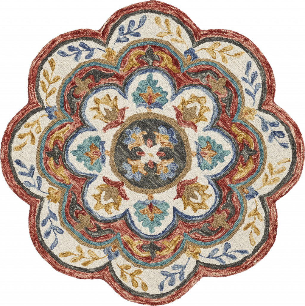 Theda Rug Canora Grey Round Padula Floral Hand-Knotted Wool Red/Blue/Orange Area ...