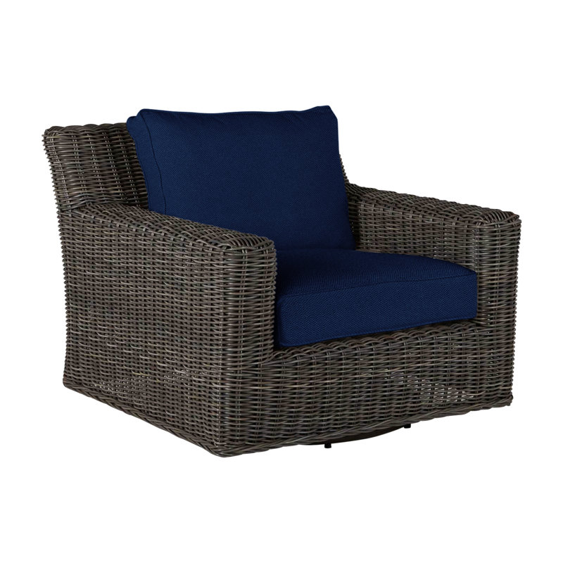 Rustic Patio Armchair with Cushions, Welt, Black Walnut, Indigo Velvet