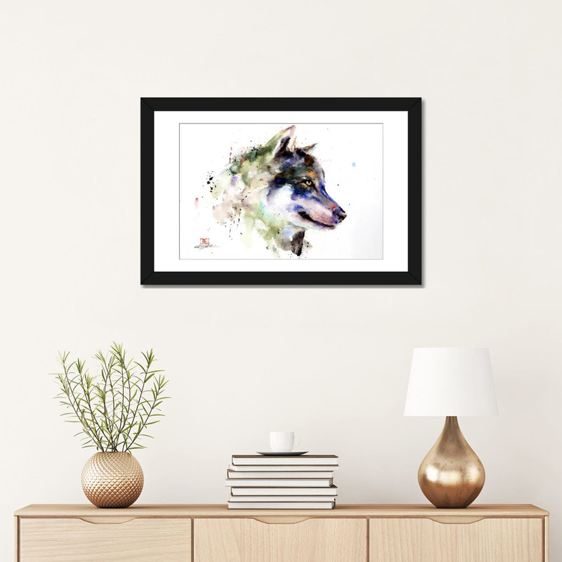 Loup, reproduction d’art sur toile tendue, Papier d'art encadré noir, Blanc, H 16 po x l 24 po x P 1 po