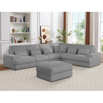 Ensemble de canapé modulaire en L de 131,1 po avec repose-pieds et coussins, ensemble de canapé en L reconfigurable avec revêtement nervuré, canapé de détente à 6 places