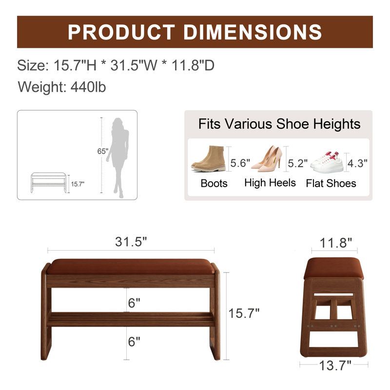 Solid Wood Storage Shoe Bench with Leather & Linen Cushion Options, Orange/Brown, 31.5" W, Leather