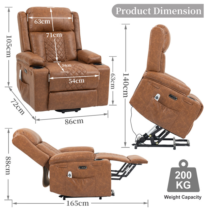 PU Leather Electric Power Lift Heated Massage Recliner Chair with Cup Holders and USB Type C, Brown