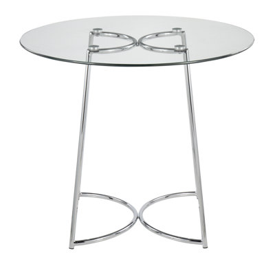 Table de salle à manger contemporaine en chrome avec plateau en verre transparent
