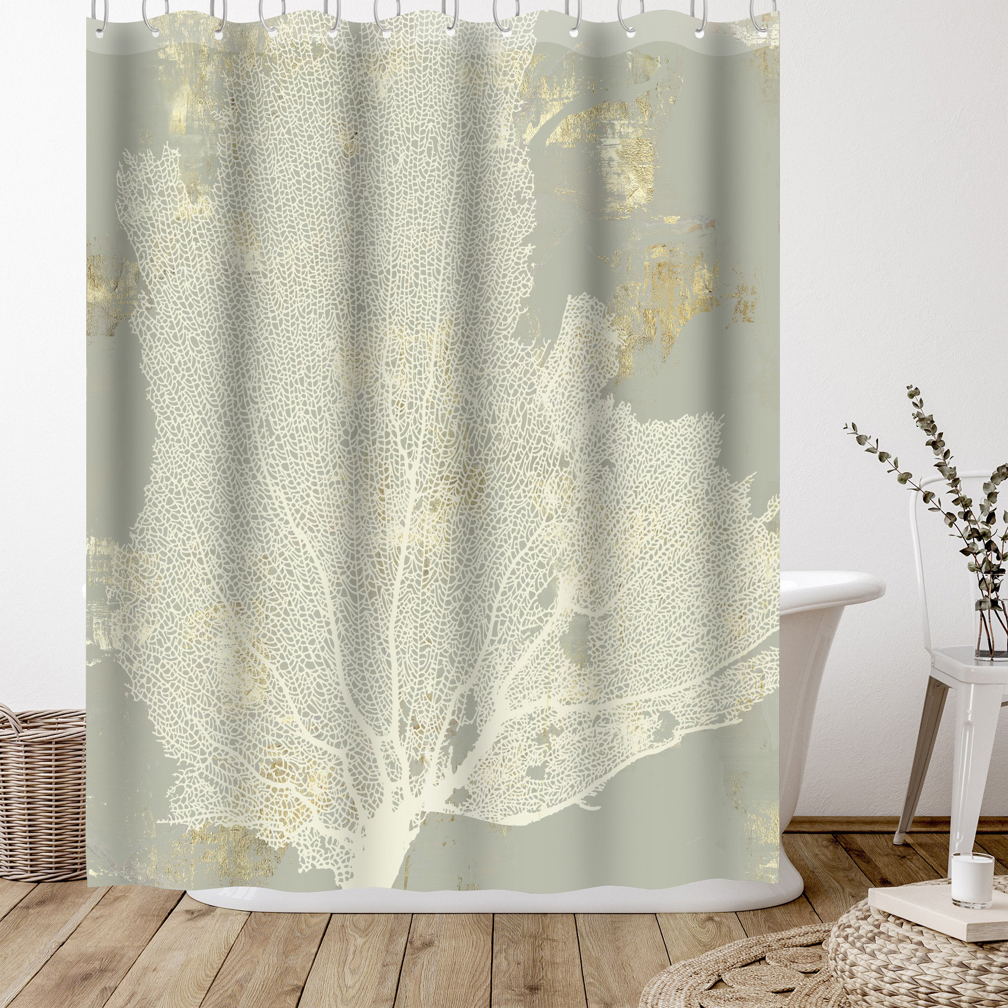 Coral and shop gold shower curtain