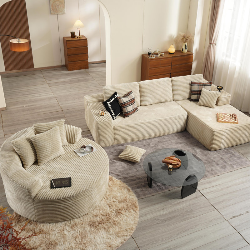3-Piece No-Assembly Living Room Set, Modern Sectional Sofa With Loveseat And Chaise Lounge, Right Hand Facing, Beige Corduroy