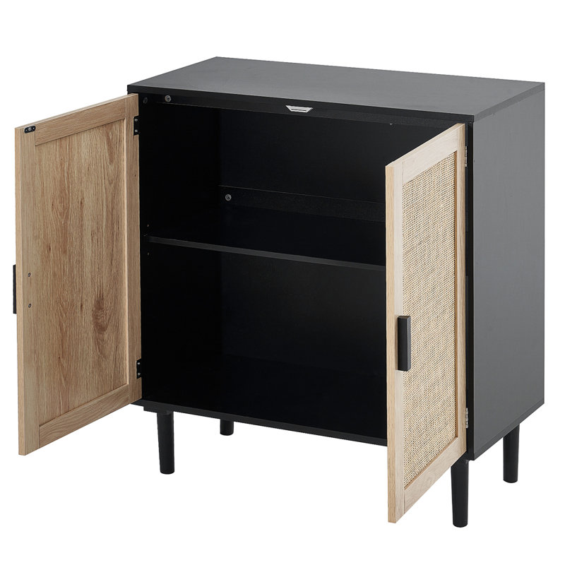 Armoire en rotin avec 2 portes magnétiques et tablettes réglables, Noir, noir, noir, noir