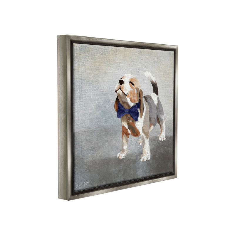 «Happy Beagle In Bowtie Floater Frame» par Molly Mattin sur toile, H 18 po x l 18 po, Cadre flottant gris lustré