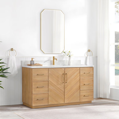 Meuble-lavabo simple Hayter en gris classique d'acacia avec plateau en pierre composite grain blanc