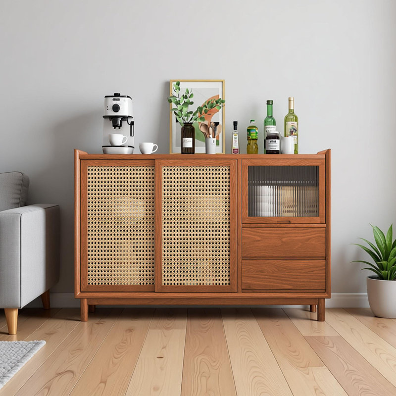 Multi-functional Solid Wood Cane Sideboard, Light Brown, 33.66" H x 51.18" W x 15.74" D