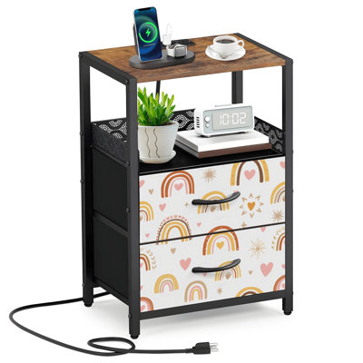 2 Fabric Drawers Night Stand with Charging Station Kids boho rainbow modern pastel rainbows Baby boho seamles Bedroom Bedside Table End Table with Open Shelf USB Ports and Outlets