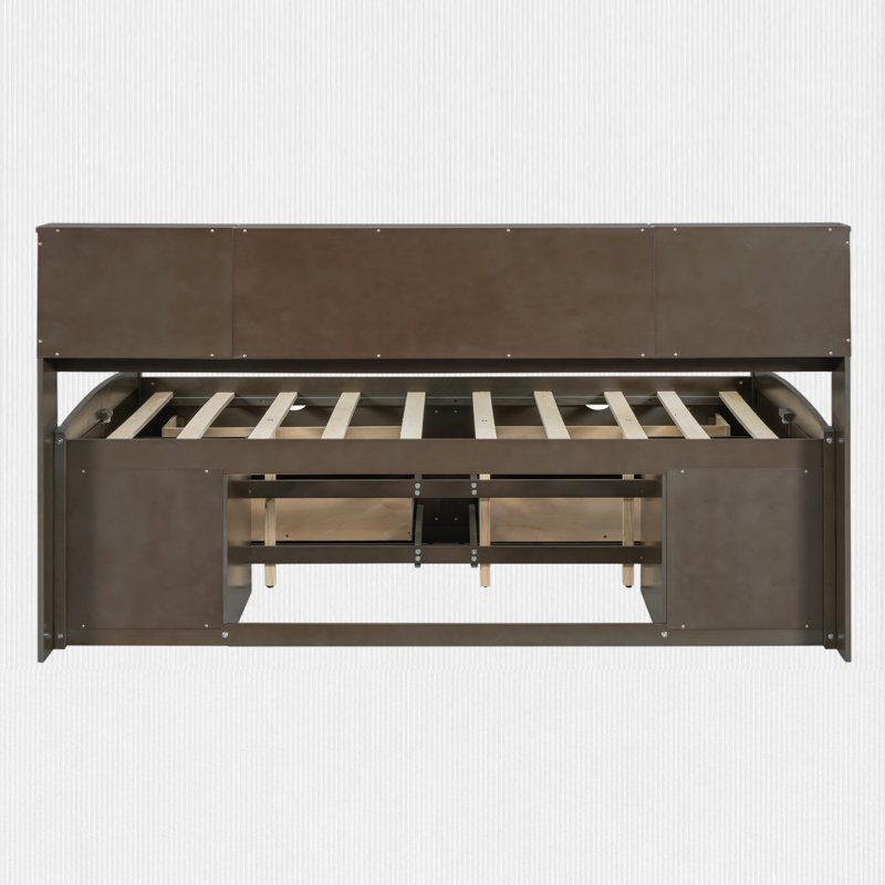 Lit double avec tiroir et tablette, Brun