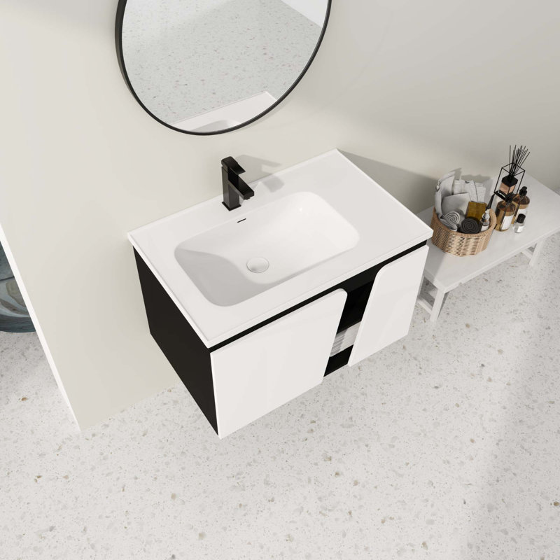 Meuble-lavabo flottant mural avec lavabo simple et porte d'armoire à fermeture en douceur