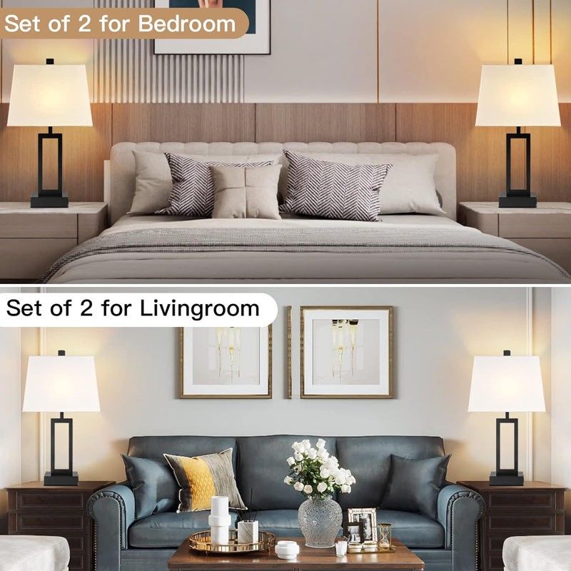 23.5" Black Metal Touch Control Table Lamps with White Linen Shade, Set of 2