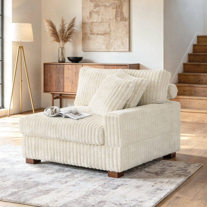 Upholstered White Faux Rabbit Fur Flannel Armchair with Pillow Back, One Arm Single Chair Module Part For Sectional Sofa