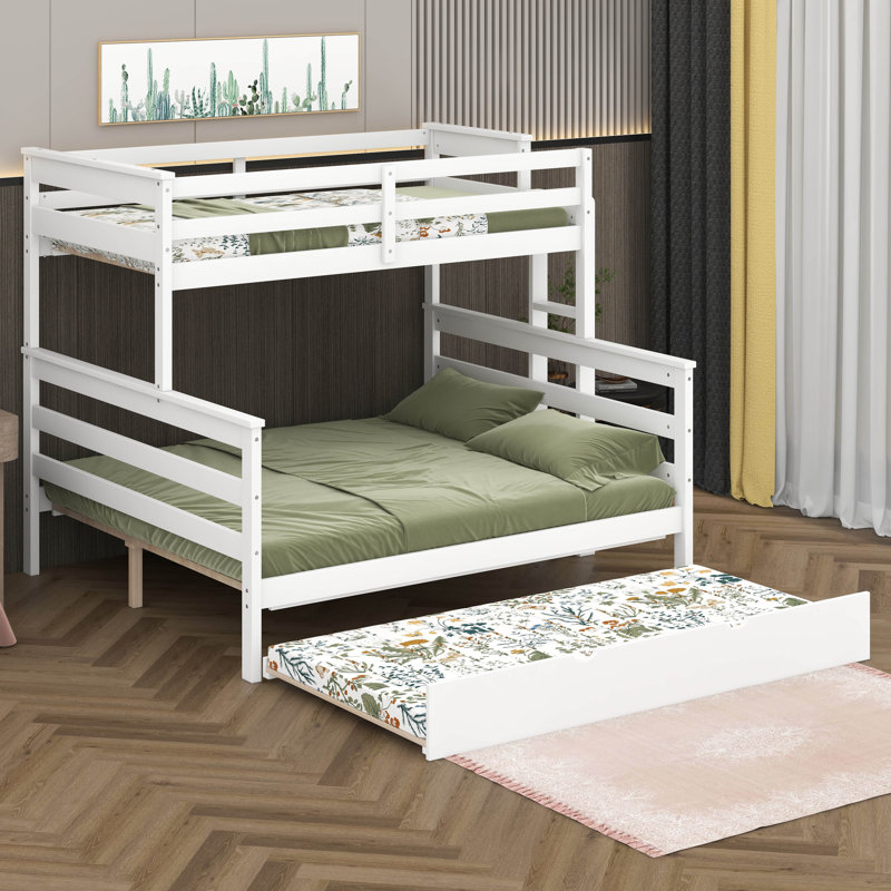 Lit superposé simple au-dessus de grand lit en bois avec lit gigogne et échelle, Blanc