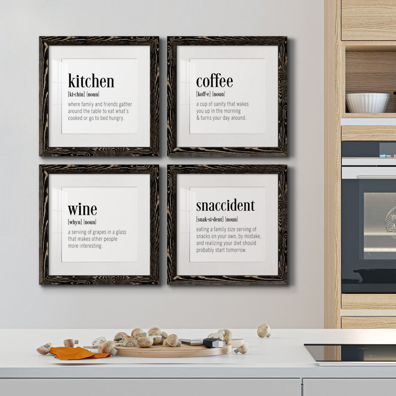 Kitchen Kitchen - ensemble de 4 pièces d'art textuel sur toile, H 40 po x l 40 po x P 1,5 po, Toile noire encadrée