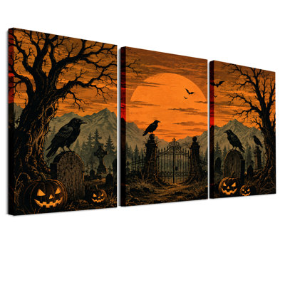 Cimetière orange clair de lune avec corbeaux et Halloween - Ensemble de 3 toiles murales