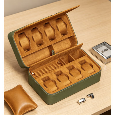 Étui de voyage à 8 fentes pour montre, organisateur portable pour montres, lunettes de soleil, bagues et boutons de manchette, coque rigide anti-écrasement avec fermeture à glissière, s'adapte à la plupart des montres-bracelets et des montres intelligentes jusqu'à 50 mm