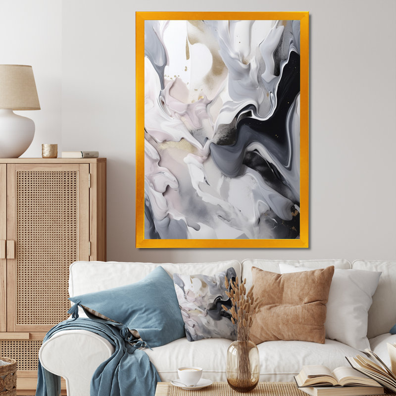 Marbre blanc et gris captivant II - art mural abstrait en marbre, H 32 po x l 16 po x P 1 po, Encadrement doré