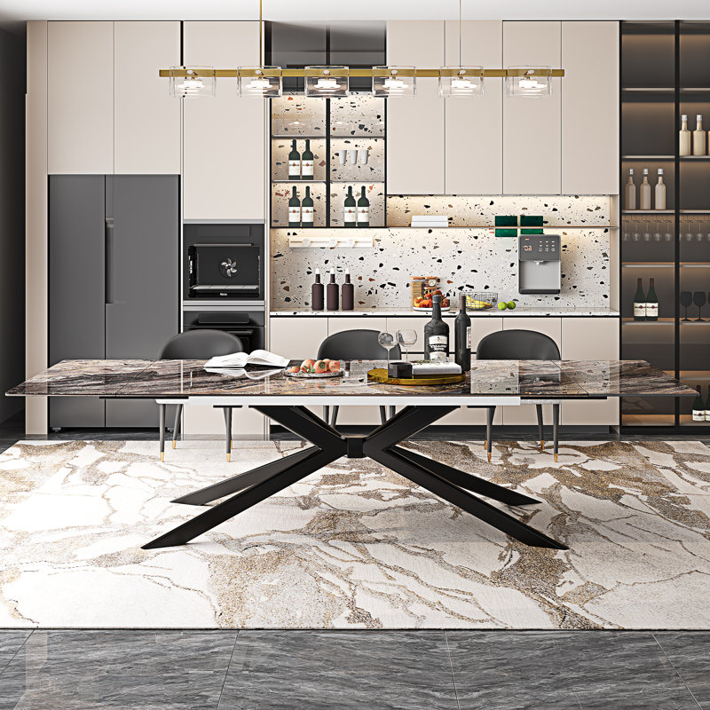 9 - Piece 110.2'' Dining Set With Extendable Rectangular Sintered Stone Dining Table And 8 Faux Leather Dining Chairs, Black