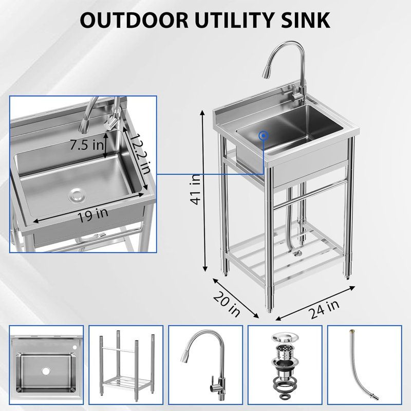 Freestanding Single Bowl Stainless Steel Kitchen Sink, 24 x 20 x 41 in
