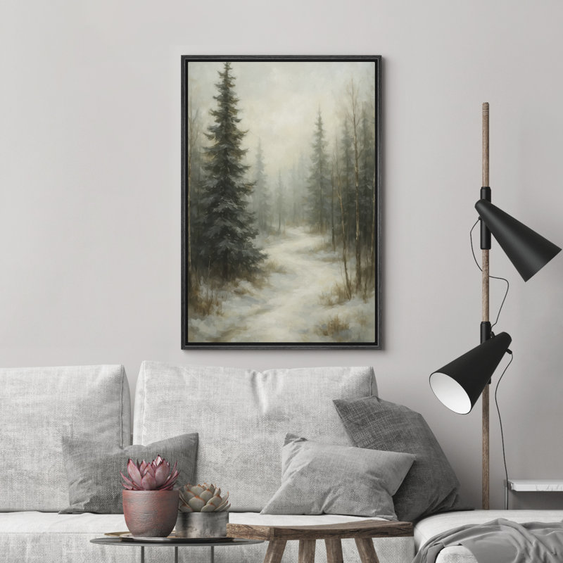 «Winter Forest Path with Snow and Evergreen Trees», reproduction d'art sur toile encadrée, H 36 po x l 24 po x P 1,5 po, Noir