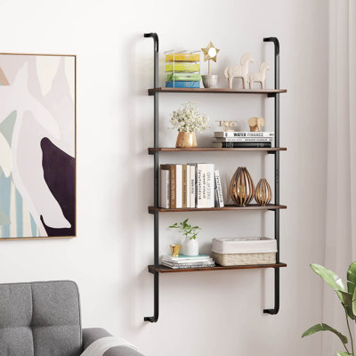 4-Tier Wall-Mounted Ladder Shelf Display Bookshelf With Heavy-Duty Metal Frame