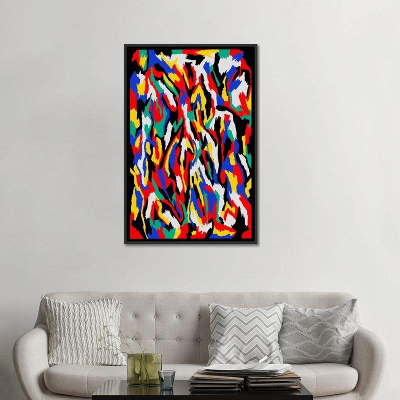 « bauhaus camouflage », impression sur toile, H 26 po x l 18 po x P 1,5 po, Toile avec cadre noir, Pas de tapis