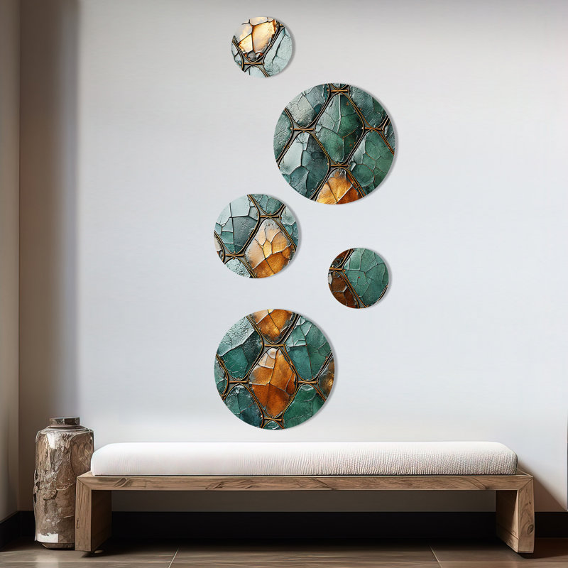 Carreaux de mosaïque en marbre vert et or II - tuile abstraite, ensemble d'art mural rond de 5