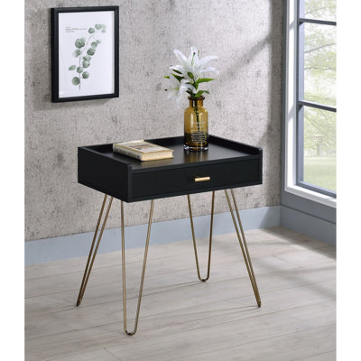 Table d'appoint Mid-Century 23,5 po avec tiroir et pieds en épingle en cuivre