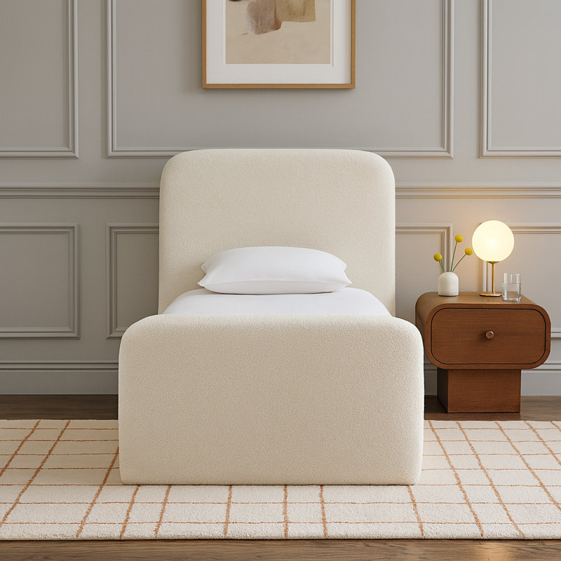 Fira Daliah Chenille Fabric Upholstered Bed, Twin, Cream Chenille Fabric