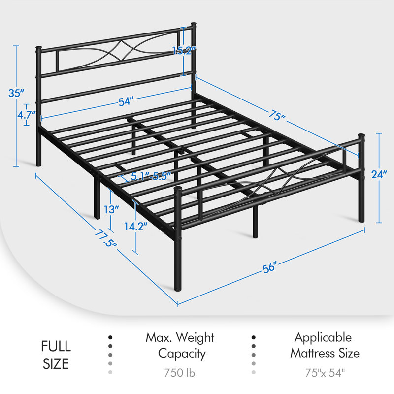 Anelis Metal Bed Frame Platform with Curved Design Headboard & Footboard, Full, Black