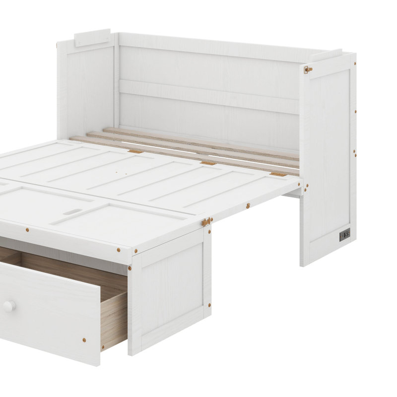 Lit escamotable spacieux avec rangement de tiroir intégré pour les essentiels, Lit double, Blanc
