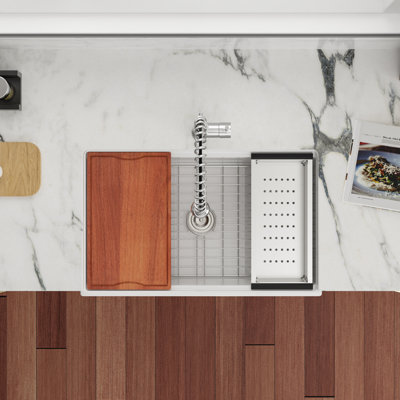 33" L x 20" W Farmhouse/Apron Kitchen Sink Rectangular Single Basin Ceramic Ledge Workstation Sink with Accessories