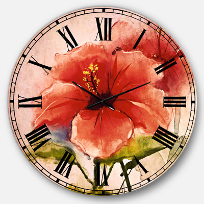 Aquarelle, fleur d'hibiscus rouge - horloge murale traditionnelle
