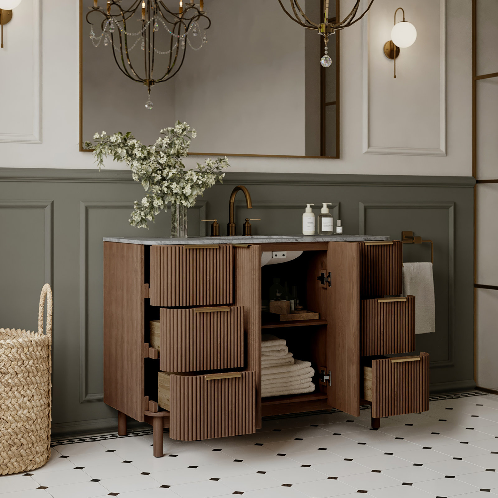 Nova 48" Single Bathroom Vanity Set, Brown Reeded Birch