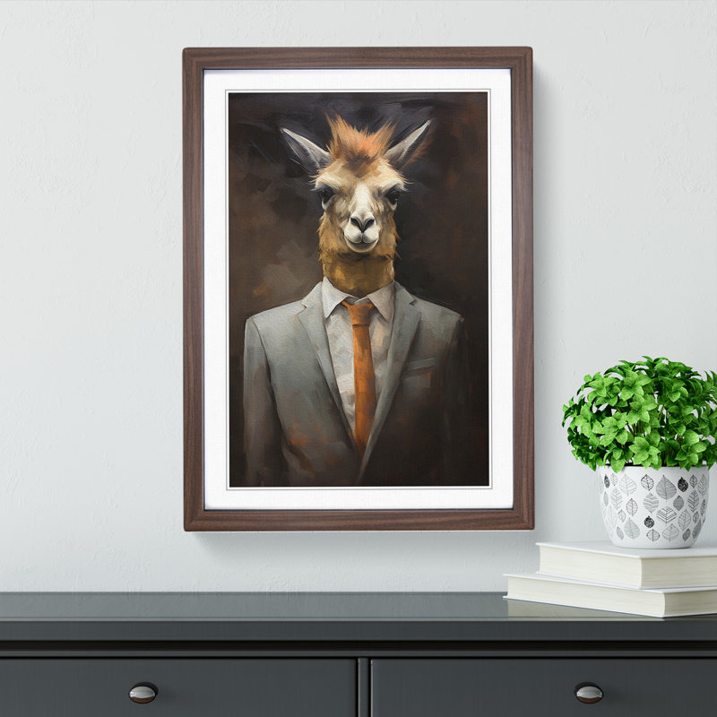 Llama In A Suit - Single Picture Frame Print on Wood, Walnut, 64cm H x 46cm W x 2cm D