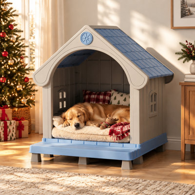 37.72"H Blue Weather-Resistant and Waterproof Resin Dog House With Porch
